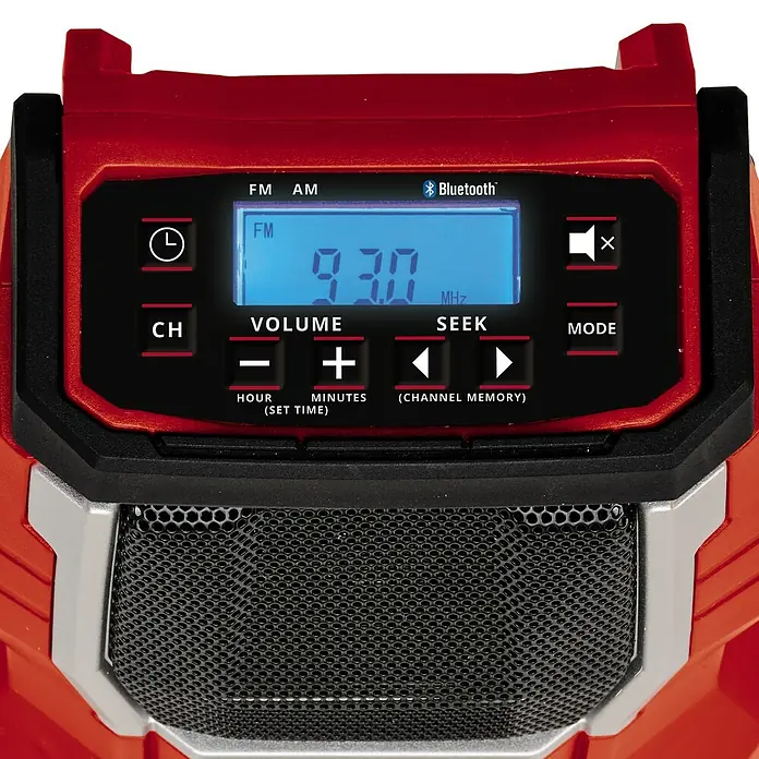 Einhell Power X-Change 18V Akku-Baustellenradio TC-RA 18 Li-SoloSchwarz/Rot, Akkuspannung: 18 V, Anzahl Akkus: Ohne Akku, Frequenz: 87,5 - 108,0 kHz (FM) - Nahaufnahme eines roten Radios mit FM/AM, Bluetooth und LCD-Display, das 9,30 MHz anzeigt.