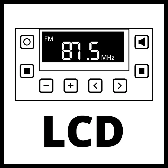 Einhell PXC 18V Radio de batería para la obra TC-RA 18 Li - 18 V, Sin batería, Frecuencia: 87,5 - 108,0 kHz (FM), Rojo/Negro - Visualización de una pantalla LCD con frecuencia de radio FM de 87,5 MHz y varios botones de control.