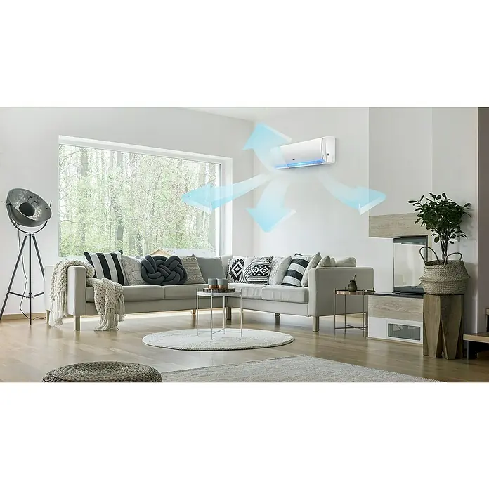 TCL Aire acondicionado Inverter Elite 12K - 3.400 W, 3.420 W, 22 m², Blanco - Una habitación moderna con un aire acondicionado split en la pared, que distribuye aire fresco por toda la habitación. El AC garantiza confort.