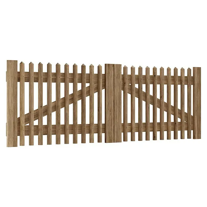 T & J Zauntor - 300 x 100 cm, Holz - Ein rustikaler Holzzaun mit spitz zulaufenden Pfosten und diagonalen Verstrebungen bietet Schutz und einen klassischen Look für jeden Garten.