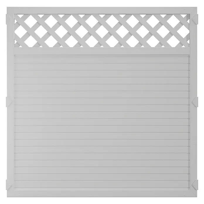 T & J Lightline Sichtschutzelement - 180 x 180 cm, Mit Rankgitter, Weiß - Ein weißer Gartenzaun mit Lattenstruktur und dekorativem Gittermuster bietet Privatsphäre und ein stilvolles Design für jeden Außenbereich.