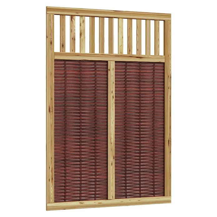 T & J Sichtschutzelement Vesuv - 120 x 180 cm, Braun - Nahaufnahme eines Zaunfelds mit Holzrahmen und geflochtenem, bordeauxrotem Einsatz. Die Latten bilden ein dekoratives Oberteil.
