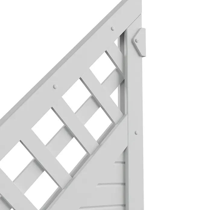 T & J Lightline Sichtschutzelement - 90 x 180 cm, Mit Rankgitter, Weiß, Abschlusselement - Nahaufnahme eines stilvollen, weißen Zaunelements mit dekorativem Rautenmuster und stabilen Pfosten.