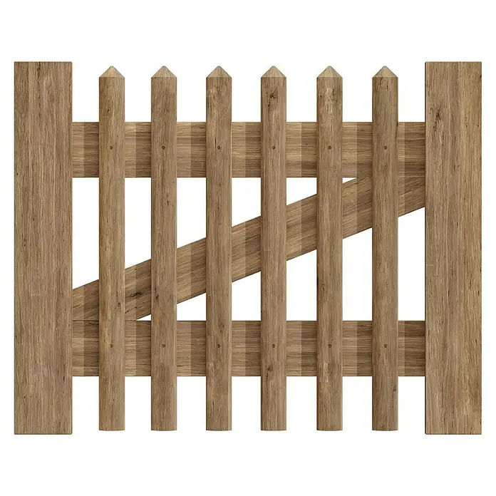 T & J Zauntor - 100 x 80 cm, Holz - Nahaufnahme eines rustikalen Holzzauns mit diagonal verlaufender Verstrebung, ideal für Gartenprojekte und rustikale Dekorationen.