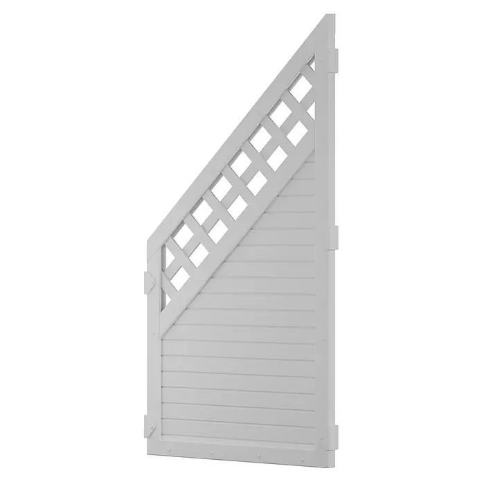 T & J Lightline Sichtschutzelement - 90 x 180 cm, Mit Rankgitter, Weiß, Abschlusselement - Weiße Gartenzaunwand mit horizontalen Brettern und einem dekorativen Gittereinsatz im oberen Bereich für Privatsphäre und Ästhetik im Garten.