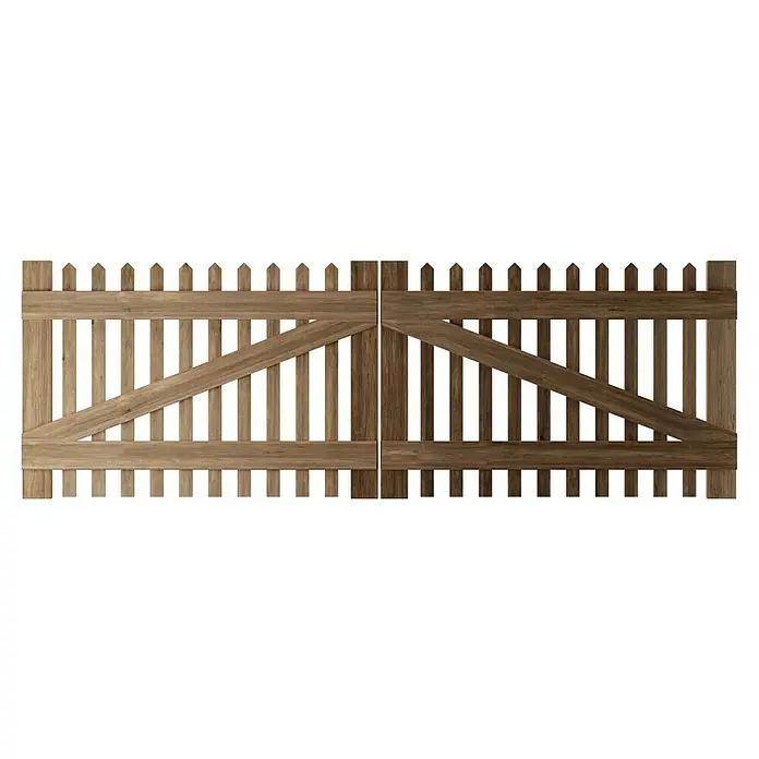 T & J Zauntor - 300 x 100 cm, Holz - Eine rustikale Holztor-Konstruktion, bestehend aus vertikalen Latten und diagonalen Verstrebungen, ideal für den Garten oder die Einfahrt.