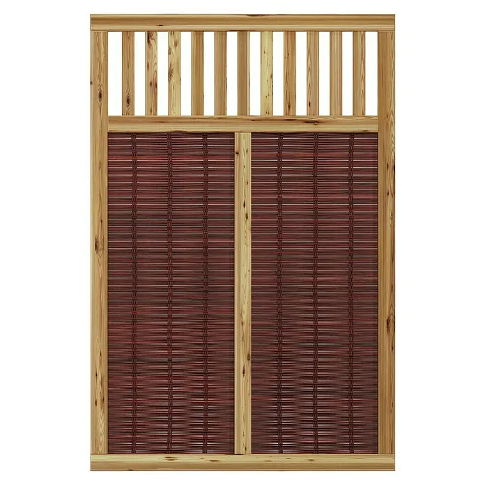 T & J Sichtschutzelement Vesuv - 120 x 180 cm, Braun - Holzzaun mit rotem, geflochtenem Einsatz und Lattenelement. Das Produkt ist robust und bietet Sichtschutz für den Garten.