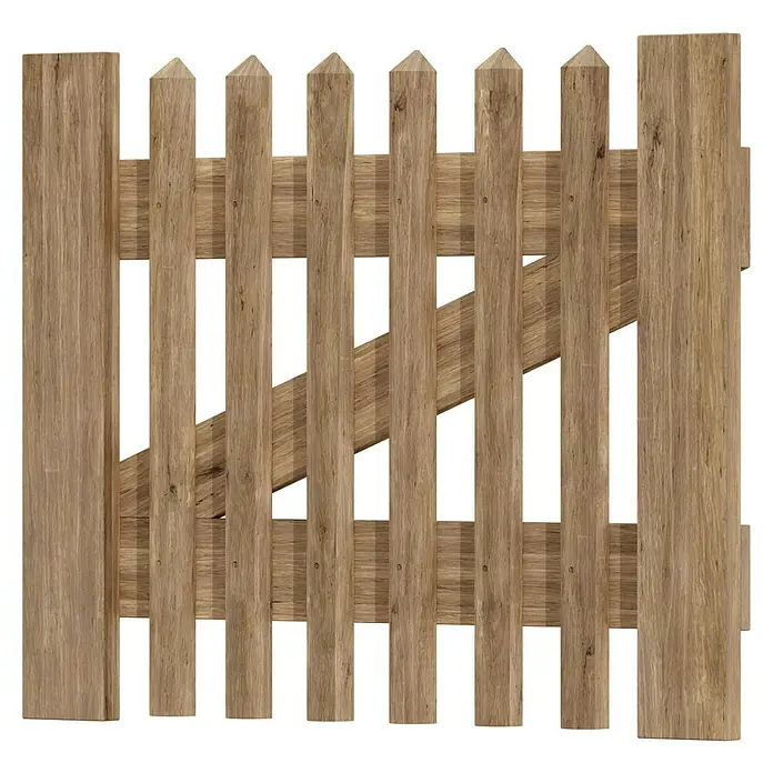 T & J Zauntor - 100 x 80 cm, Holz - Detailaufnahme eines Holzzauns. Der Zaun aus Holzlatten ist einfach und rustikal gestaltet und hat eine warme, natürliche Ausstrahlung.