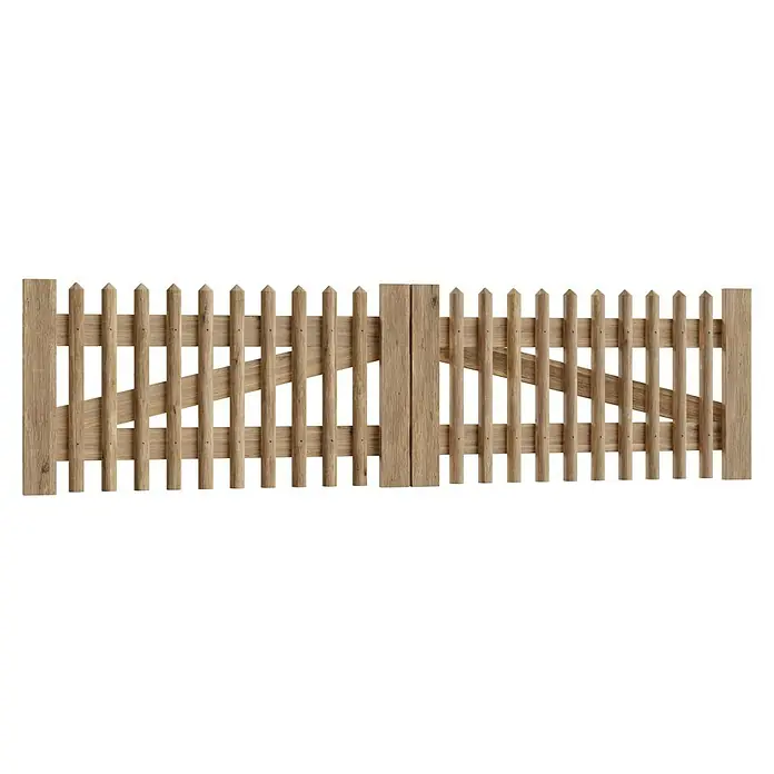 T & J Zauntor - 300 x 80 cm, Holz - Ein Gartentor aus hellem Holz, das rustikal und einladend wirkt. Die Konstruktion ist robust mit diagonalen Verstrebungen.