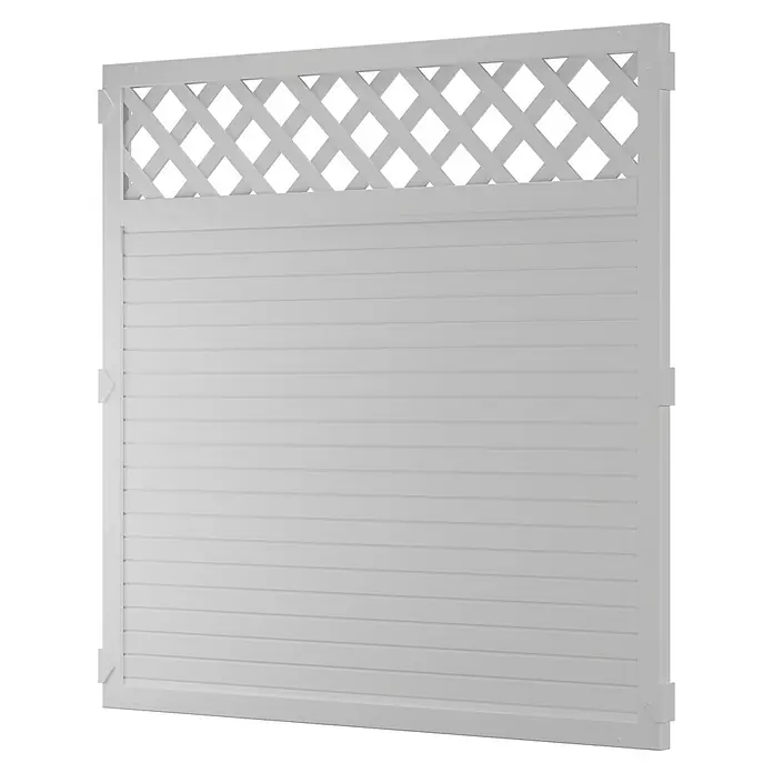 T & J Lightline Sichtschutzelement - 180 x 180 cm, Mit Rankgitter, Weiß - Nahaufnahme eines weißen Sichtschutzzauns mit Latten und Gittermuster, ideal für Privatsphäre und als dekoratives Gartenelement.