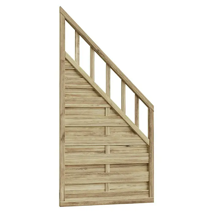 T & J Sichtschutzelement Freiburg - 90 x 90/180 cm, Braun - Detailansicht eines Holzgeländers mit horizontalen Brettern und schrägen Stützen, die eine robuste und natürliche Optik vermitteln.