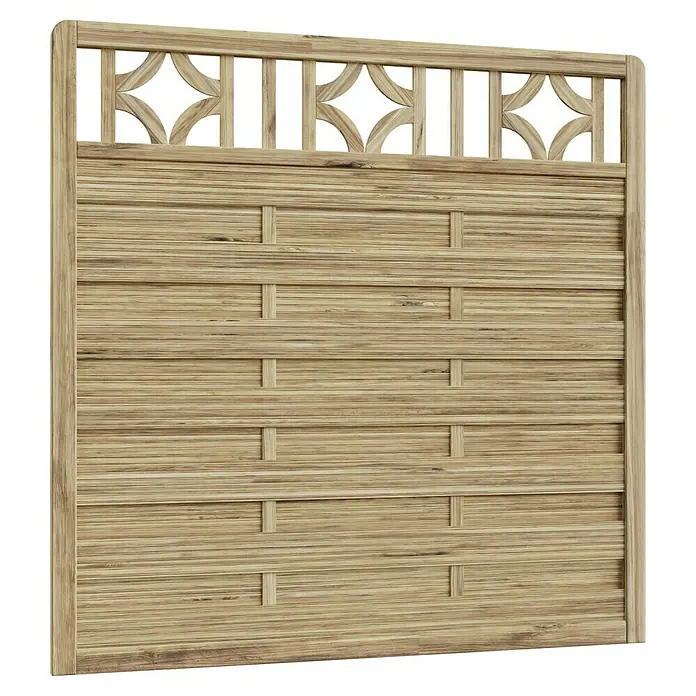 T & J Sichtschutzelement Antikzaun - B x H: 180 x 180 cm, Braun - Detailaufnahme einer Holzwand mit horizontalen Brettern und einem dekorativen oberen Abschluss. Die Wand zeigt eine natürliche Holzstruktur.