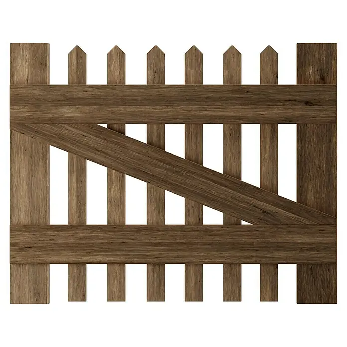 T & J Zauntor - 100 x 80 cm, Holz - Dunkelbraunes Holztor mit vertikalen Latten, horizontalen Brettern und diagonaler Verstrebung. Ideal für rustikale Gärten und Höfe.