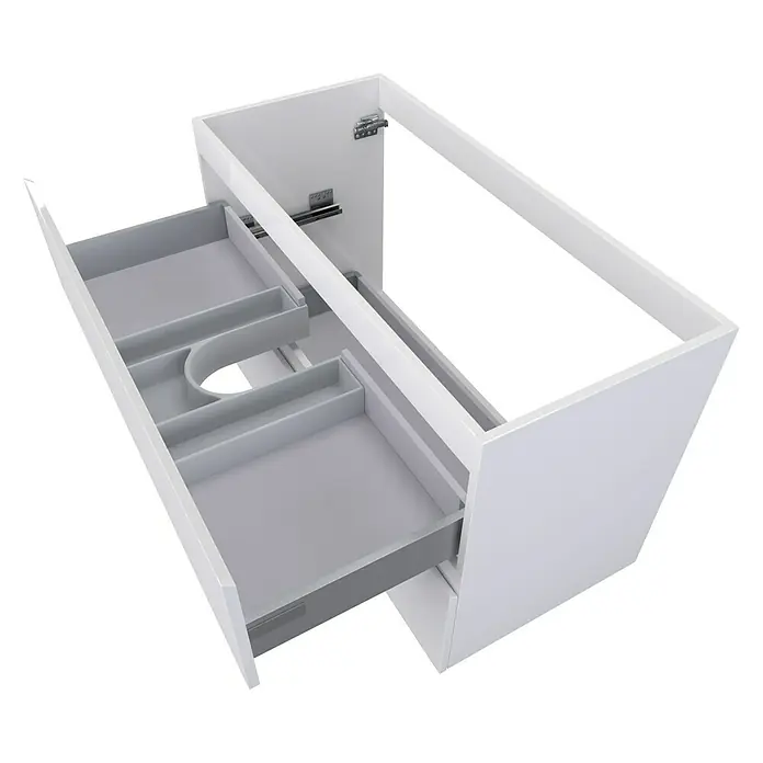 Camargue Espacio Waschtischunterschrank - 100 x 40 x 60 cm, 2 Schubkästen, Gama weiß glänzend - Weißer Waschbeckenunterschrank mit zwei Schubladen, offen zur Ansicht des Innenraums. Optimal für Badezimmerorganisation.