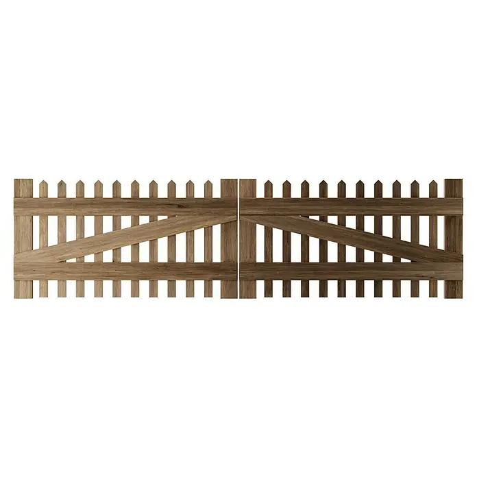 T & J Zauntor - 300 x 80 cm, Holz - Eine Holzzaun-Doppeltor-Konstruktion mit diagonalen Verstrebungen, die rustikal und robust wirkt und den Eingang schmückt.