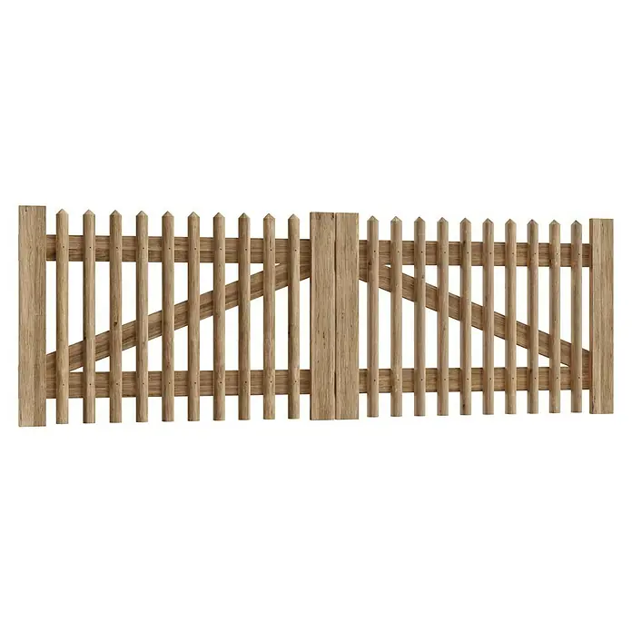 T & J Zauntor - 300 x 100 cm, Holz - Abbildung eines Holzzauns, ideal für Gärten. Der Zaun hat eine natürliche Holzfarbe und ist stabil gebaut, um Privatsphäre und Sicherheit zu bieten.