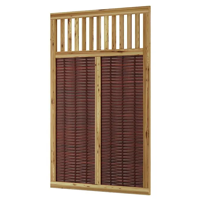 T & J Sichtschutzelement Vesuv - 120 x 180 cm, Braun - Ansicht eines Holzzaun-Paneels mit roter Flechtwerkfüllung und Lattenoberteil, das rustikale Eleganz und Privatsphäre bietet.