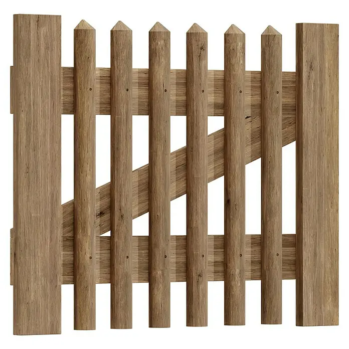 T & J Zauntor - 100 x 80 cm, Holz - Das Bild zeigt ein hölzernes Gartentor mit senkrechten Latten, Querstreben und einer diagonalen Verstrebung vor einem schwarzen Hintergrund.