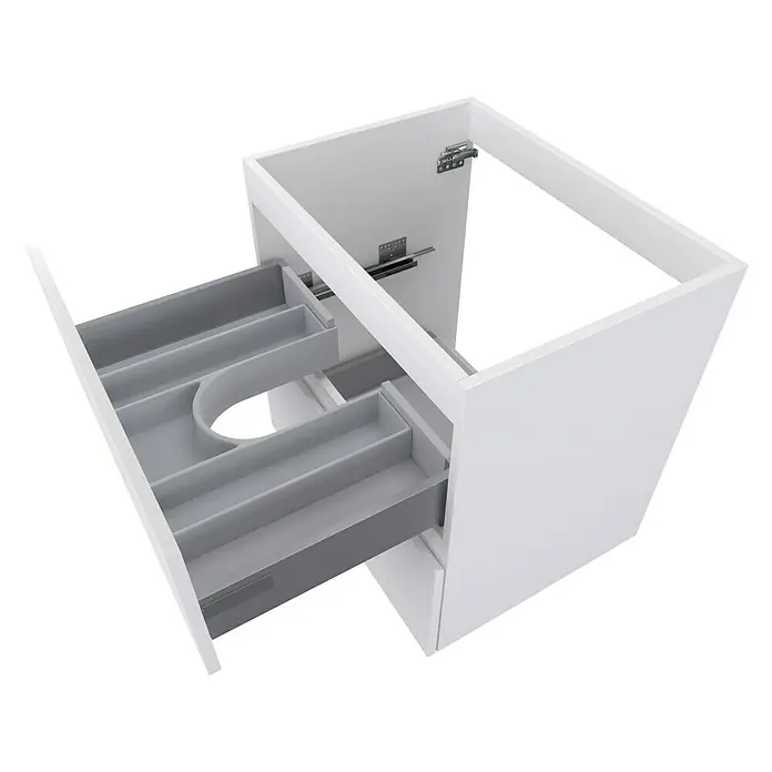 Camargue Espacio Waschtischunterschrank - 60 x 46 x 60 cm, 2 Schubkästen, Gama weiß matt - Abbildung eines Badezimmerschranks mit ausziehbaren Schubladen zur Aufbewahrung, modernes Design in Weiß.