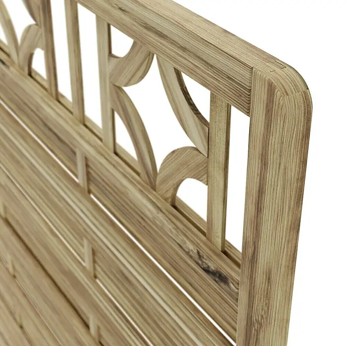 T & J Sichtschutzelement Antikzaun - B x H: 180 x 180 cm, Braun - Nahaufnahme einer eleganten Gartenbank aus Holz mit einem dekorativen Rückenteil, ideal für stilvolle Außenbereiche.
