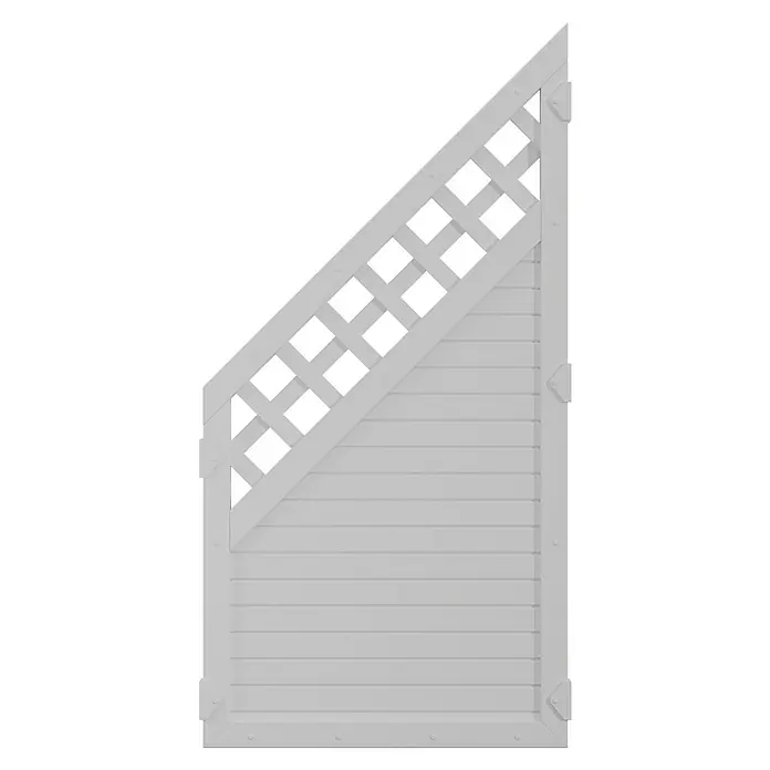 T & J Lightline Sichtschutzelement - 90 x 180 cm, Mit Rankgitter, Weiß, Abschlusselement - Nahaufnahme einer weißen Gartenpforte mit Lattenzaun, die Privatsphäre und ästhetische Gestaltung für jeden Außenbereich bietet.