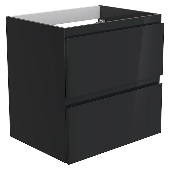 Camargue Espacio Waschtischunterschrank - 60 x 46 x 60 cm, 2 Schubkästen, Gama anthrazit glänzend - Schwarzer Badezimmerschrank mit zwei Schubladen. Das Möbelstück ist modern und hat eine glänzende Oberfläche.