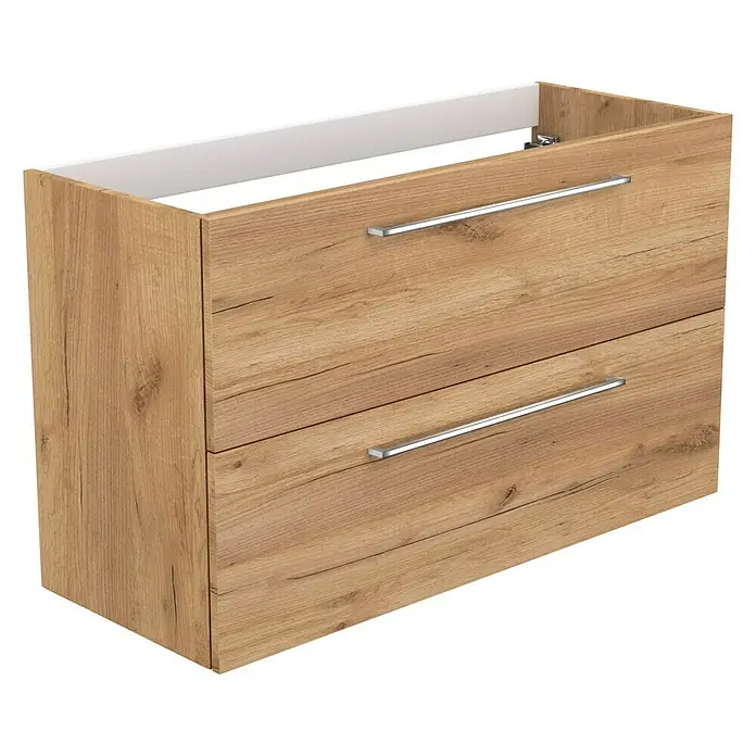 Camargue Espacio Waschtischunterschrank - 100 x 40 x 60 cm, 2 Schubkästen, Doce - Bild eines Waschbeckenunterschranks in Holzoptik mit zwei Schubladen und silberfarbenen Griffen.