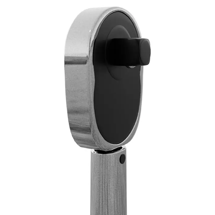 UniTEC Drehmomentschlüssel - ½″ Vierkant, Einstellungsbereich: 42 Nm - 210 Nm - Nahaufnahme des Kopfes einer Drehmomentschlüssel, der ein silbernes Gehäuse und einen schwarzen Knopf hat.