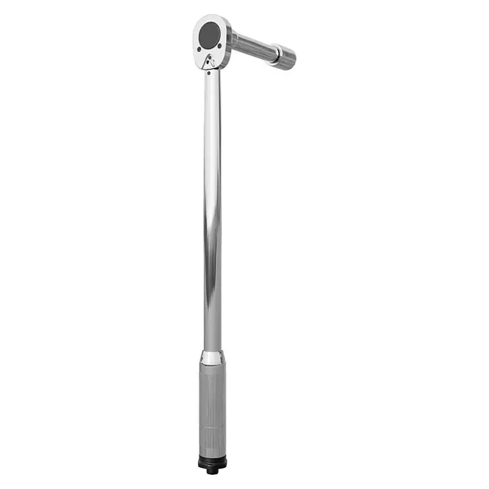 UniTEC Drehmomentschlüssel - ½″ Vierkant, Einstellungsbereich: 42 Nm - 210 Nm - Ein Drehmomentschlüssel aus Chrom mit schwarzem Drehknopf und gerändeltem Griff zur präzisen Kraftanwendung.