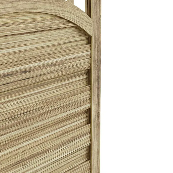 T & J Sichtschutzelement Antikzaun - B x H: 100 x 180 cm, Braun - Detailansicht eines Paravents aus hellem Holz mit horizontalen Lamellen und einem abgerundeten oberen Rahmen.