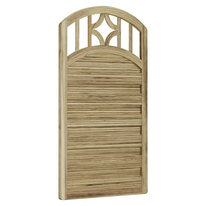 T & J Sichtschutzelement Antikzaun - B x H: 100 x 180 cm, Braun - Detailaufnahme eines Holztors mit Bogen und dekorativem Rautenmuster, das rustikale Eleganz und handwerkliche Qualität vereint.