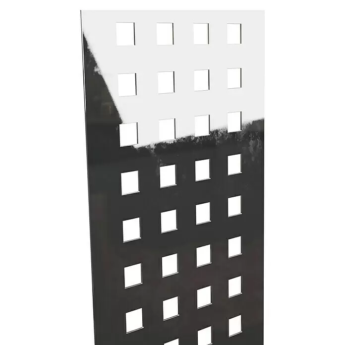 T & J Sichtschutzelement Aalborg - 25 x 179 cm, Silber - Dunkelgraue Platte mit quadratischen, transparenten Ausschnitten in einem Gittermuster, oben mit einem reflektierenden weißen Bereich.