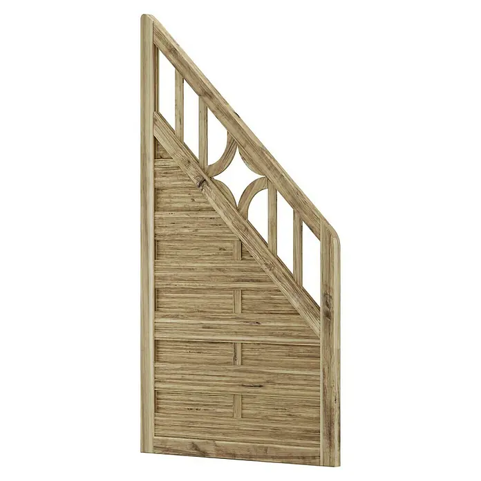 T & J Sichtschutzelement Antikzaun - 90 x 90/180 cm, Braun - Holztor mit dekorativen Mustern. Das Tor ist hellbraun und hat ein diagonal verlaufendes Oberteil mit Öffnungen.