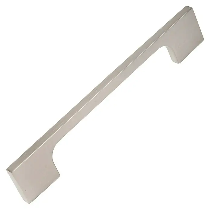 Nesu Tirador para muebles 876825 - L x An x Al: 14,8 x 0,7 x 2,5 cm, Acero, Acero inoxidable, Distancia entre orificios: 128 mm - Primer plano de un tirador de cajón moderno de color plateado con líneas limpias y un diseño minimalista.