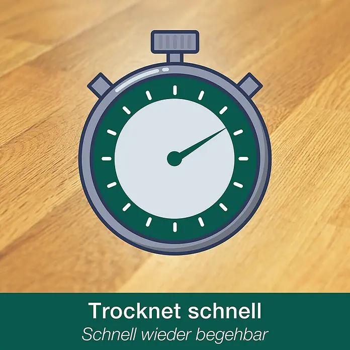 Bona Home Hartwachsöl - 750 ml, Farblos, Glänzend - Schnell trocknend: Die Illustration zeigt eine Stoppuhr auf einem Holzhintergrund mit dem Text "Trocknet schnell".