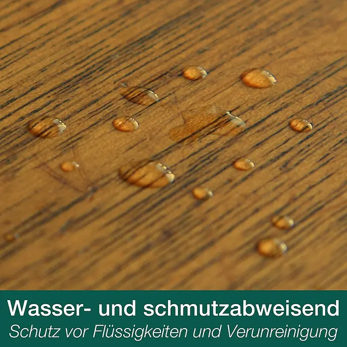 Bona Home Parkett-Öl - 2,5 l, Weiß - Wassertropfen auf einer wasserabweisenden Holzoberfläche. Schutz vor Flüssigkeiten und Schmutz dank Imprägnierung.
