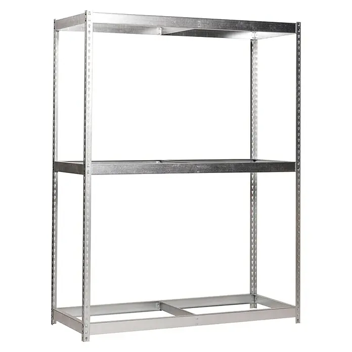 Simonrack Simonforte Estantería para cargas pesadas - Al x An x Pr: 200 x 150 x 60 cm, Número de baldas: 3 ud., Inserción, Galvanizado, Capacidad de carga por balda: 600 kg - La imagen muestra una estantería metálica vacía de tres niveles con un marco robusto y postes perforados para estantes ajustables.
