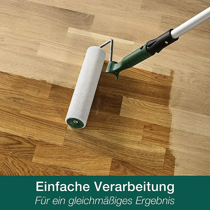 Bona Home Hartwachsöl - 750 ml, Farblos, Glänzend - Das Bild zeigt eine Bodenversiegelung mit einer Farbwalze, die für eine einfache und gleichmäßige Verarbeitung des Produkts sorgt.