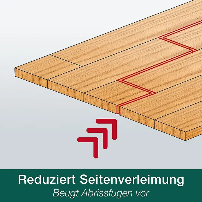Bona Home Parkett-Grundierung - 1 l, Farblos - Holzbodenillustration, die Nut- und Federverbindungen zur Reduzierung von Seitenverleimung und Vorbeugung von Abrissfugen zeigt.