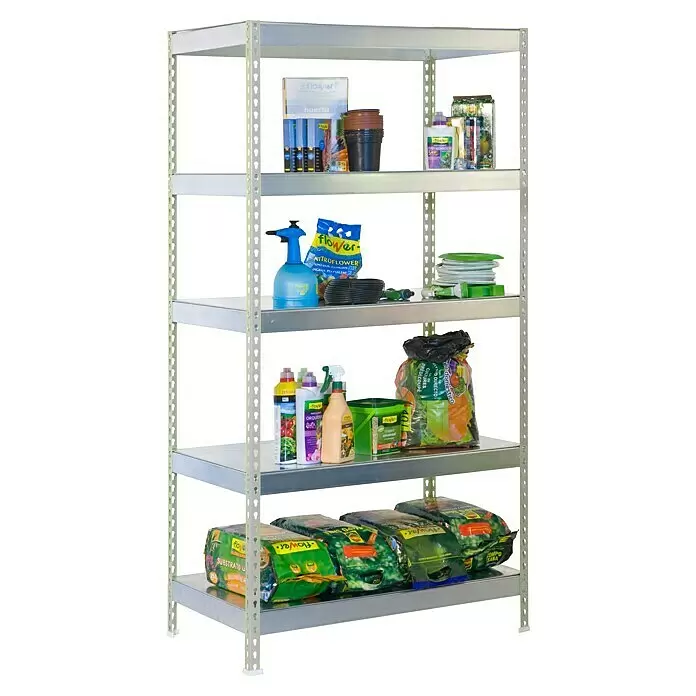 Simonrack Bricoforte Estantería para cargas pesadas Metal - Al x An x Pr: 200 x 120 x 45 cm, Capacidad de carga por balda: 300 kg, Número de baldas: 5 ud., Inserción, Galvanizado - Estantería metálica plateada de cinco baldas, llena de productos de jardinería como sacos de tierra, macetas y pulverizadores.