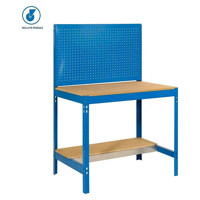 Simonrack Simonwork Banco de trabajo BT2 Mobile - L x An: 61 x 151 cm, Altura de trabajo: 144,5 cm, Carga soportada: 120 kg, Azul - Banco de trabajo azul con tablero de madera y panel perforado trasero, ideal para aficionados y profesionales.