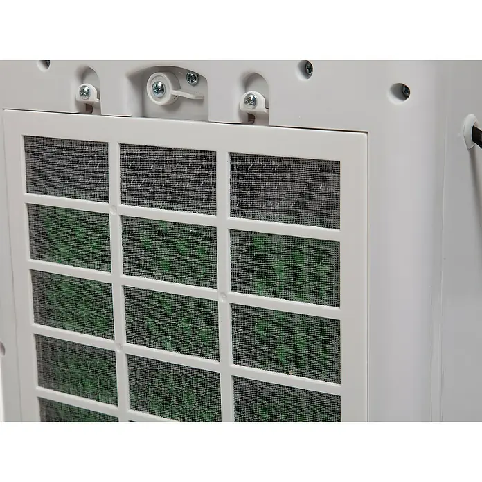Purline Rafy Climatizador evaporativo 51 - Blanco/Negro, Altura: 58 cm, 75 W - Primer plano de un filtro de refrigerador de aire con marco blanco y textura de malla, que revela una almohadilla de enfriamiento verde detrás.