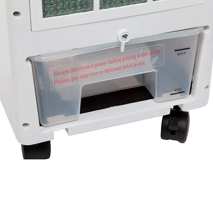 Purline Rafy Climatizador evaporativo 51 - Blanco/Negro, Altura: 58 cm, 75 W - Primer plano de un aire acondicionado portátil con un depósito de agua transparente e indicadores de nivel "MIN" y "MAX".