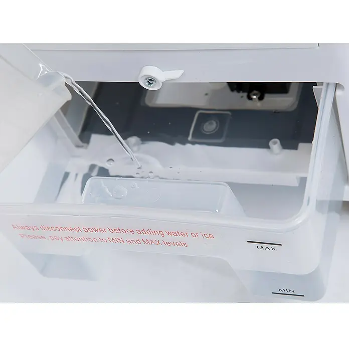 Purline Rafy Climatizador evaporativo 51 - Blanco/Negro, Altura: 58 cm, 75 W - Una máquina de hielo que se llena con agua. Tenga en cuenta las marcas de nivel de agua mínimo y máximo en la máquina de hielo.