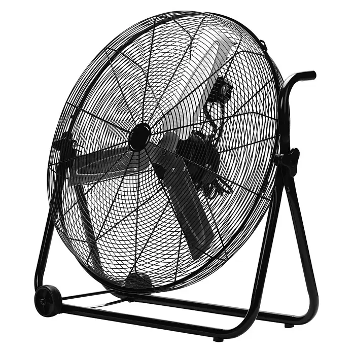 Purline Venty Ventilador de suelo industrial 160 - 160 W, Negro, 70 cm - Imagen de un ventilador industrial negro sobre un fondo negro. Este ventilador de suelo ofrece una refrigeración potente para grandes espacios.