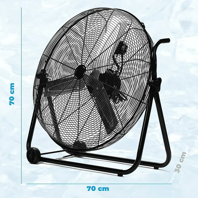 Purline Venty Ventilador de suelo industrial 160 - 160 W, Negro, 70 cm - Ilustración de un ventilador de suelo industrial negro con medidas de 70x70x30 cm.