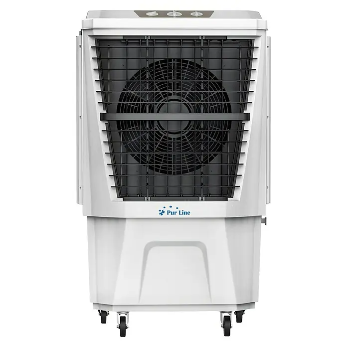 Purline Rafy Climatizador evaporativo 180 - Blanco, Altura: 118 cm, 160 W - Un enfriador de aire Pur Line blanco con rejilla negra y ruedas para fácil movilidad.