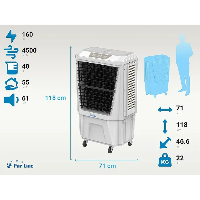 Purline Rafy Climatizador evaporativo 180 - Blanco, Altura: 118 cm, 160 W - Imagen de un enfriador de aire Pur Line, que muestra especificaciones técnicas como potencia, flujo de aire, capacidad, cobertura y nivel de ruido.