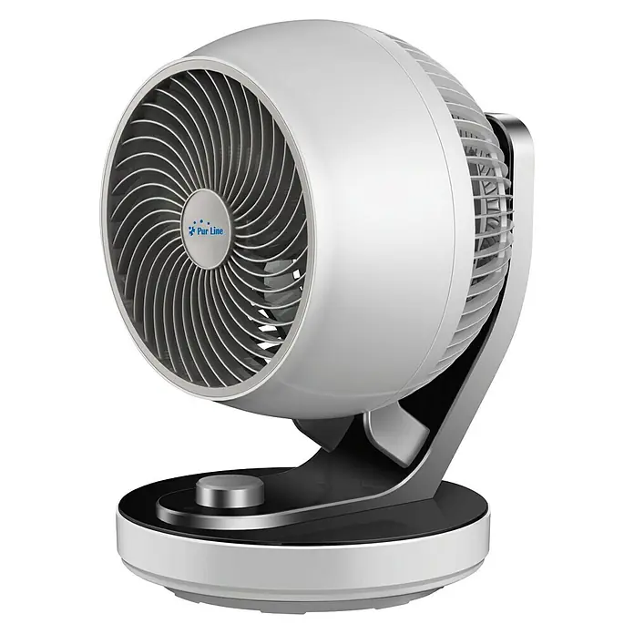 Purline Venty Ventilador de suelo TA 60 - 60 W, Blanco, 27 cm - Primer plano de un ventilador Purline blanco y plateado, destacando sobre un fondo negro.