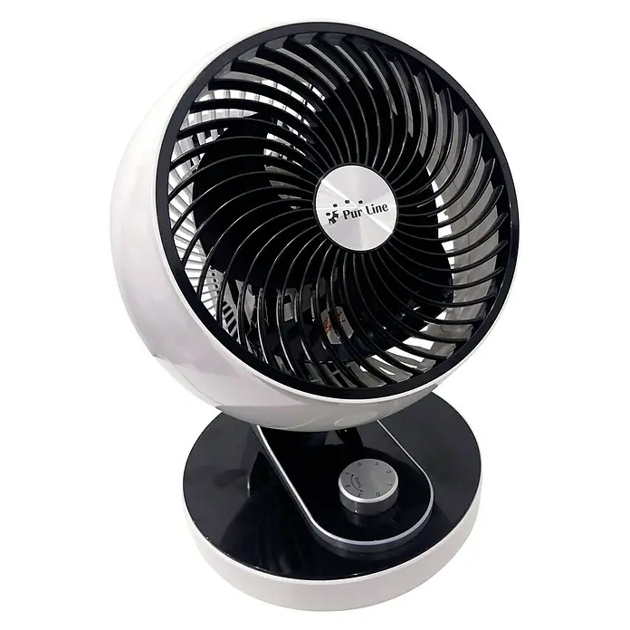 Purline Venty Ventilador de suelo TA 60 - 60 W, Blanco, 27 cm - Primer plano de un ventilador de mesa Pur Line en blanco y negro, sentado sobre una mesa, proporcionando una brisa refrescante.